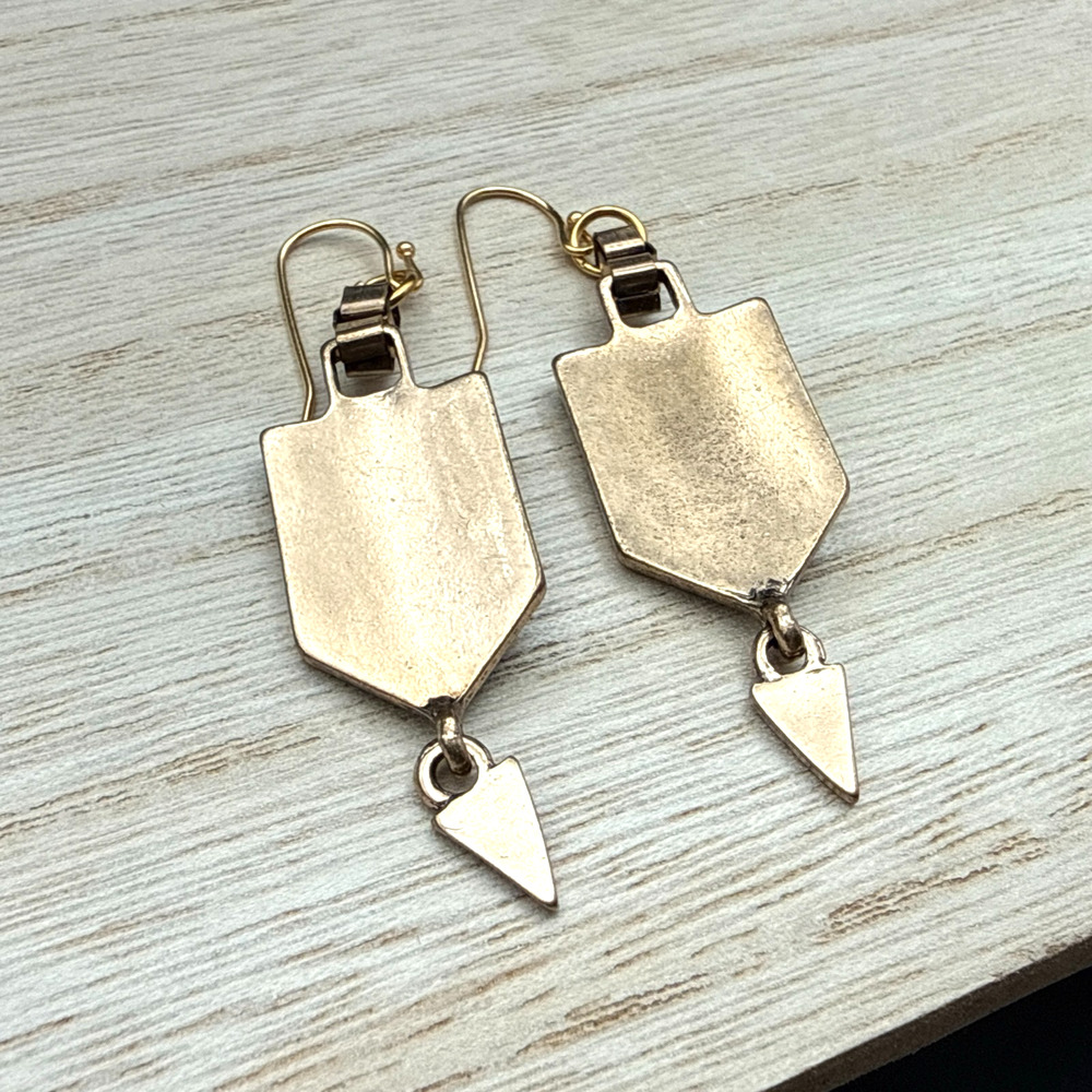 Art Deco Style Earrings Faux Emerald White Rhinestone Accents Gold‎ Tone Dangles - Picture 3 of 5